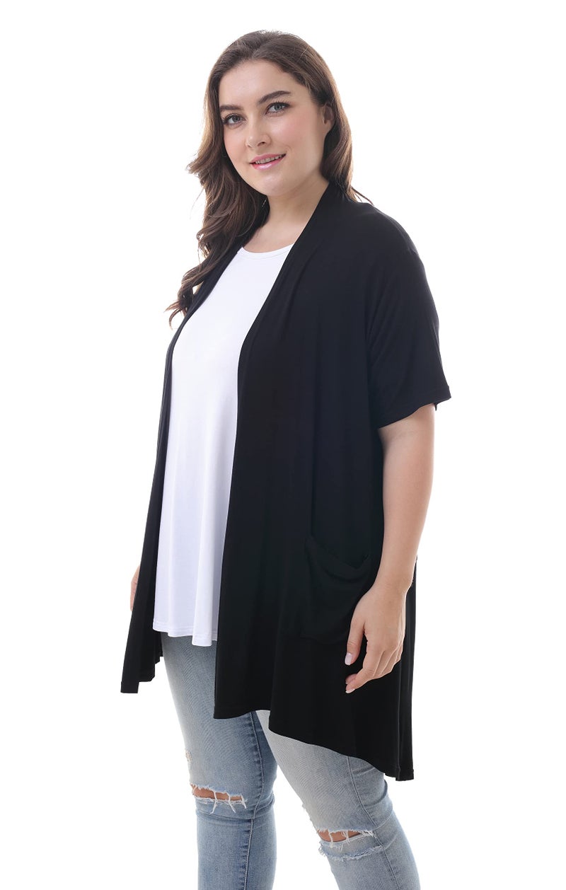 ZERDOCEAN Women's Plus Size Short Sleeve Lightweight Soft Printed Drape Cardigan with Pockets Black 3X - Image 3